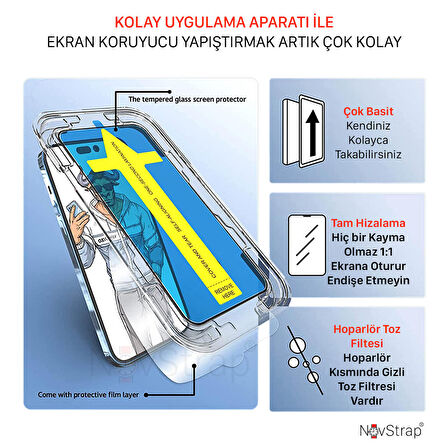 NovStrap Apple iPhone 14 Pro Max Uyumlu Ekran Koruyucu Temperli Kırılmaz Cam Kolay Uygulama Aparatı