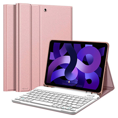 NovStrap Apple iPad Air 4/5 Nesil 10.9 inç Uyumlu Bluetooth Klavyeli Kılıf Deri Kapaklı Standlı