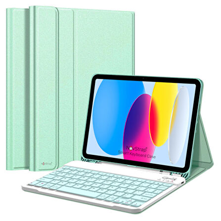 NovStrap Apple İpad 10. Nesil 10.9 2022 Uyumlu Bluetooth Klavyeli Tablet Kılıfı Stand Kalem Bölmeli