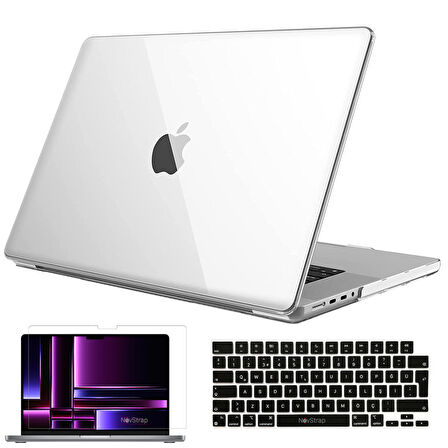 NovStrap Apple MacBook Pro 2023 M2 16 inc A2780 Uyumlu Parlak Kılıf + Siyah Klavye Kılıfı + Film