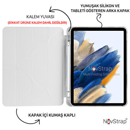 NovStrap Samsung Galaxy Tab A8 10.5 Sm-X200 X205 X207 Uyumlu Kılıf Smart Kalem Bölmeli Trifold Stand