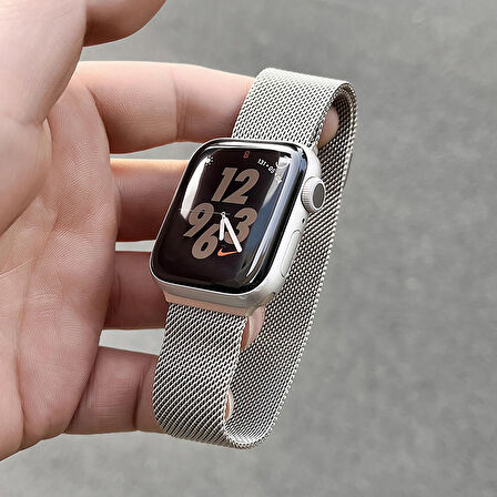 NovStrap Apple Watch Seri 7/8/9 41mm Uyumlu Starlight Yıldız Işığı Hasır Örgü Metal Kordon Kayış