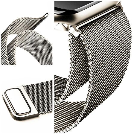 NovStrap Apple Watch Seri 7/8/9 41mm Uyumlu Starlight Yıldız Işığı Hasır Örgü Metal Kordon Kayış