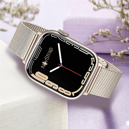NovStrap Apple Watch Seri 7/8/9 41mm Uyumlu Starlight Yıldız Işığı Hasır Örgü Metal Kordon Kayış