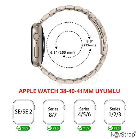NovStrap Apple Watch 38 40 41 mm Seri 4 5 6 7 8 9 Se Uyumlu Kordon Yıldızışığı Starlight Metal Çelik