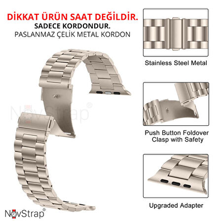 NovStrap Apple Watch 38 40 41 mm Seri 4 5 6 7 8 9 Se Uyumlu Kordon Yıldızışığı Starlight Metal Çelik