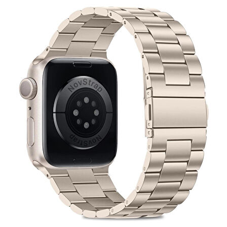 NovStrap Apple Watch Uyumlu  Seri 7/8/9 45mm  Kordon Starlight Yıldız Işığı Klasik Metal Çelik Kordon