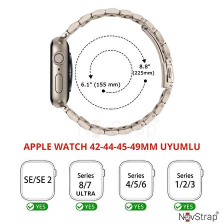NovStrap Apple Watch Uyumlu  Seri 7/8/9 45mm  Kordon Starlight Yıldız Işığı Klasik Metal Çelik Kordon