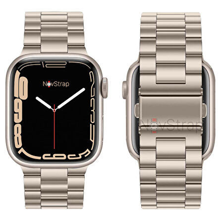 NovStrap Apple Watch Uyumlu  Seri 7/8/9 45mm  Kordon Starlight Yıldız Işığı Klasik Metal Çelik Kordon