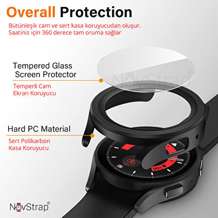 NovStrap Samsung Galaxy Watch 5 Pro 45mm Uyumlu Ekran Koruyucu Cam ve Kasa Koruyucu Sert PC