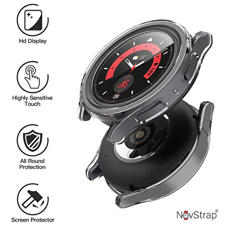 NovStrap Samsung Galaxy Watch 5 Pro 45mm Uyumlu Ekran Koruyucu Cam ve Kasa Koruyucu Sert PC