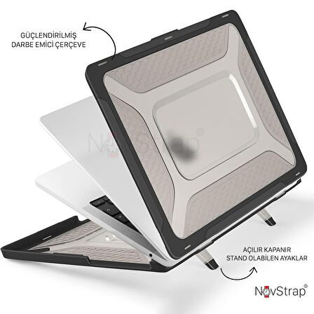 NovStrap Apple MacBook Air M1 Çip A2337 A1932 A2179 13.3 Uyumlu Kılıf Armor Zırh Kılıf Standlı Kapak