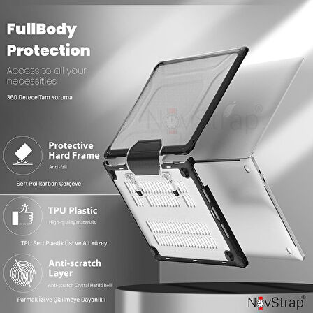 NovStrap Apple MacBook Air M1 Çip A2337 A1932 A2179 13.3 Uyumlu Kılıf Multi Armor Zırh Kılıf Standlı