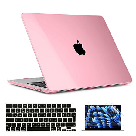 NovStrap Apple Macbook Air 15 inç A2941 M2 Çip ile Uyumlu Parlak Kılıf + Siyah Klavye Kılıfı + Film