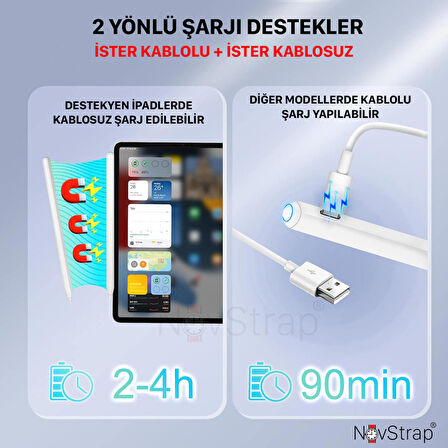 NovStrap iPad Pro 11 2/3/4 Nesil ile Uyumlu Kalem Pencil Avuç içi Reddi Kablosuz Dual Şarj 3 Adet Uç