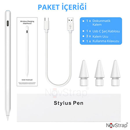 NovStrap iPad Pro 11 2/3/4 Nesil ile Uyumlu Kalem Pencil Avuç içi Reddi Kablosuz Dual Şarj 3 Adet Uç