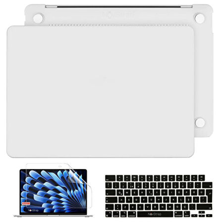 NovStrap Apple Macbook Air 15 inç A2941 ile Uyumlu Mat Buzlu Kılıf + Siyah Klavye Kılıfı + Film