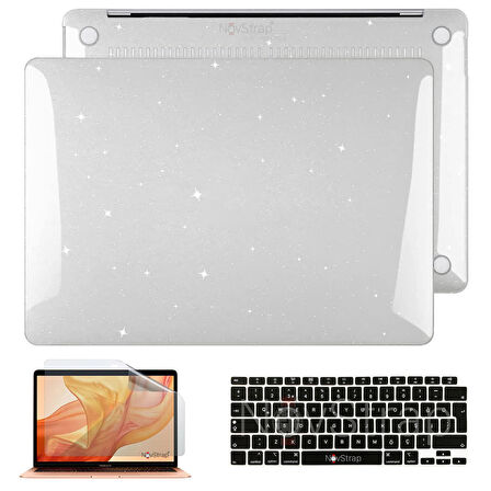 NovStrap Apple MacBook Air M1 Çip 13 inç A2337 ile Uyumlu Simli Kılıf + Siyah Klavye Kılıfı + Film