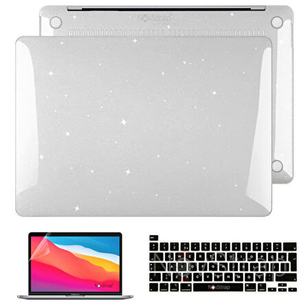 NovStrap Apple MacBook Pro M1 M2 13 inç A2338 ile Uyumlu Simli Kılıf + Siyah Klavye Kılıfı + Film