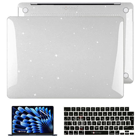NovStrap Apple Macbook Air M2 Çip 15 inç A2941 ile Uyumlu Simli Kılıf + Siyah Klavye Kılıfı + Film