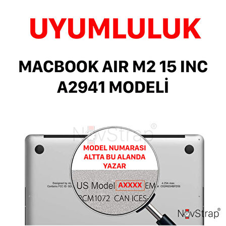 NovStrap Apple Macbook Air M2 Çip 15 inç A2941 ile Uyumlu Simli Kılıf + Siyah Klavye Kılıfı + Film