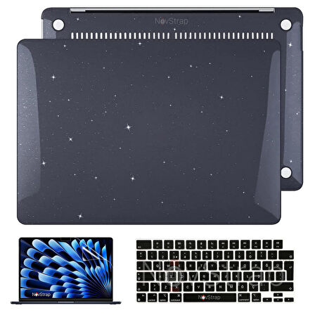 NovStrap Apple Macbook Air M2 Çip 15 inç A2941 ile Uyumlu Simli Kılıf + Siyah Klavye Kılıfı + Film