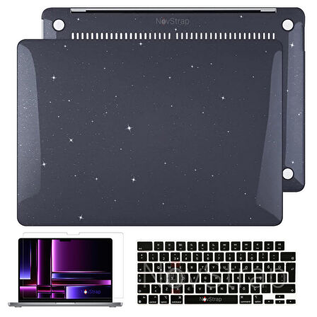 NovStrap Apple Macbook Pro 14 inç M1 M2 A2442 A2779 ile Uyumlu Simli Kılıf+Siyah Klavye Kılıfı+Film