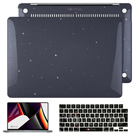 NovStrap Apple Macbook Pro 16 inç M1 M2 A2485 A2780 ile Uyumlu Simli Kılıf+Siyah Klavye Kılıfı+Film