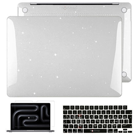 NovStrap Apple Macbook Pro 14 inç M3 Çip A2992 A2918 ile Uyumlu Simli Kılıf+Siyah Klavye Kılıfı+Film
