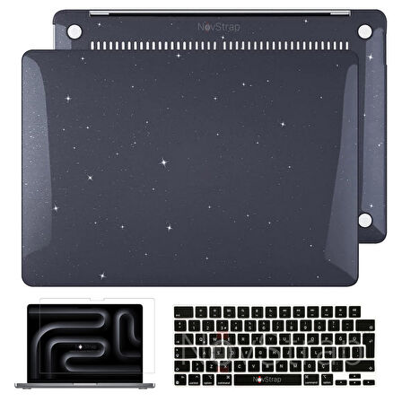 NovStrap Apple Macbook Pro 16 inç M3/ Pro/Max A2991 ile Uyumlu Simli Kılıf+Siyah Klavye Kılıfı+Film