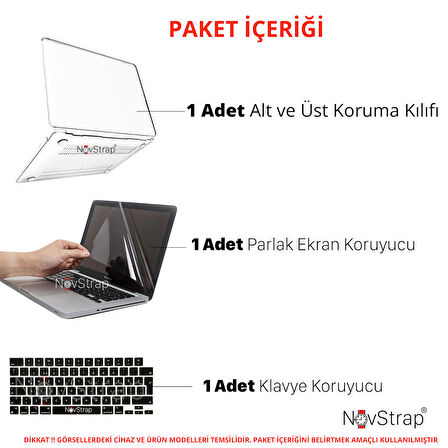 NovStrap Apple Macbook Air M3 Çip 13.6 inç A3113 ile Uyumlu Parlak Kılıf + Siyah Klavye Kılıfı +Film
