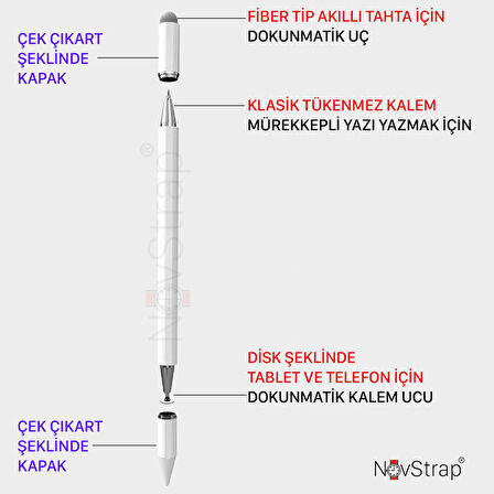 NovStrap Dokunmatik Kalem 3in1 Tüm Dokunmatik Cihazlarla Uyumlu Tablet Kalemi + Akıllı Tahta Kalemi