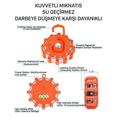 NovStrap Araç Acil Durum İkaz Lambası Kırmızı Çakarlı Led + Sabit Işık + Su Geçirmez + Mıknatıslı