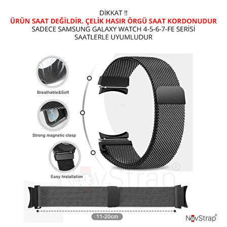 NovStrap Samsung Galaxy Watch 7 Fe 6 5 4 40-42-43-44-45-46-47 Mm ile Uyumlu Kordon Tam Uyumlu Pimli Metal Hasır Çelik Kayış