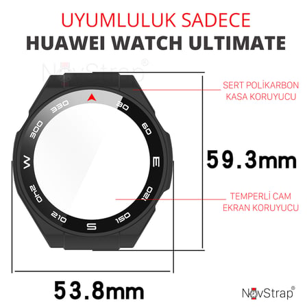 NovStrap Huawei Watch Ultimate ile Uyumlu Ekran Koruyucu Cam ve Kasa Koruyucu Kılıf Sert Pc