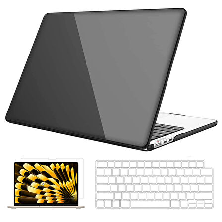NovStrap Apple Macbook Air M3 Çip 13.6 inç A3113 ile Uyumlu Parlak Kılıf + Şeffaf Klavye Kılıfı+Film
