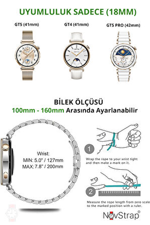 NovStrap Huawei Watch GT4 41mm GT5 41mm ile Uyumlu Kordon 18mm Magnet Tokalı Luxury Slim Metal Hasır