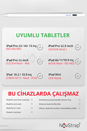 NovStrap Apple iPad Pro 12.9 inç 2/3/4/5/6 Nesil ile Uyumlu Dokunmatik Tablet Kalemi DZ900 Gen3 Stylus Pencil Avuç İçi Reddi 2 Adet Yedek Uç