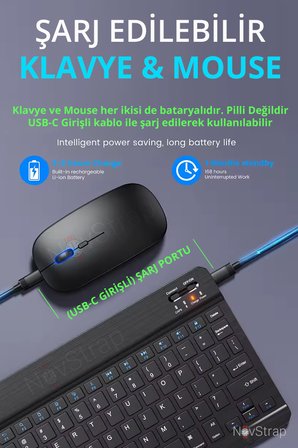 NovStrap Bluetooth Klavye Mouse Seti Şarjlı (Türkçe Q Karakter) Tüm Tablet ve Telefonlar ile Uyumlu