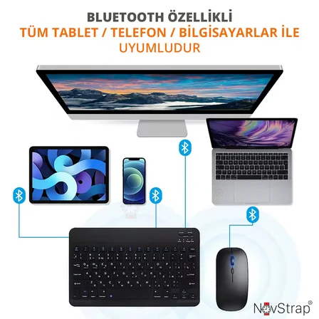 NovStrap Bluetooth Klavye Mouse Seti Şarjlı (Türkçe Q Karakter) Tüm Tablet ve Telefonlar ile Uyumlu