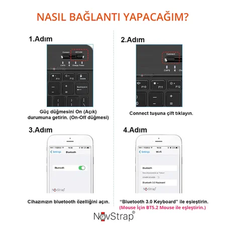 NovStrap Bluetooth Klavye Mouse Seti Şarjlı (Türkçe Q Karakter) Tüm Tablet ve Telefonlar ile Uyumlu