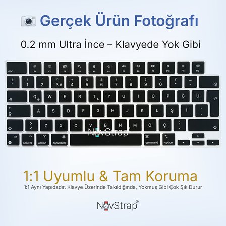 NovStrap Apple MacBook Pro 16 inç M5 Pro M5 Max A3428 A3429 ile Uyumlu Türkçe Q Siyah Klavye Koruyucu Kılıf