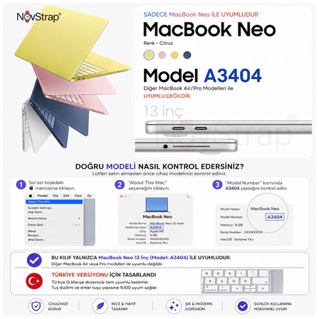 NovStrap Apple MacBook Neo 13 inç (A18 Çip) A3404 ile Uyumlu Kılıf Sert Parlak Koruma Kapağı