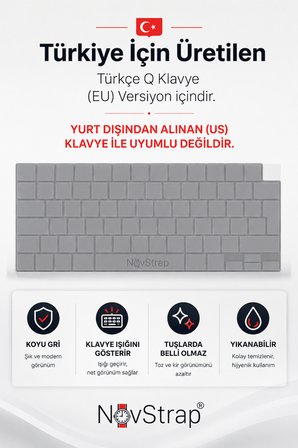 NovStrap Apple MacBook Pro 14 İnç M1/M2 A2442 A2779 A2992 A2918 İle Uyumlu Türkçe Q Gri Füme Silikon Klavye Koruyucu Kılıf