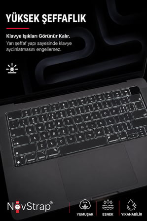 NovStrap Apple MacBook Pro 14 İnç M1/M2 A2442 A2779 A2992 A2918 İle Uyumlu Türkçe Q Gri Füme Silikon Klavye Koruyucu Kılıf