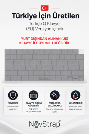 NovStrap Apple MacBook Pro 14 İnç M3 A3401 A3185 A3112 ile Uyumlu Türkçe Q Gri Füme Silikon Klavye Koruyucu Kılıf