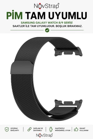 NovStrap Samsung Galaxy Watch 9 40mm 44mm ile Uyumlu Kordon Mıknatıslı Metal Çelik Hasır Kayış