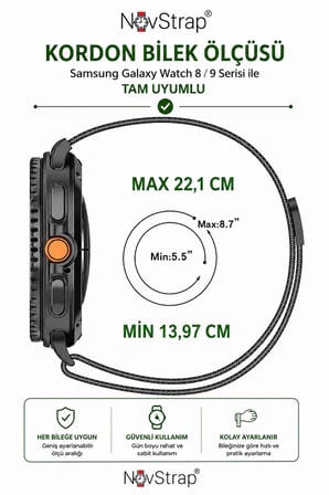 NovStrap Samsung Galaxy Watch 9 40mm 44mm ile Uyumlu Kordon Mıknatıslı Metal Çelik Hasır Kayış