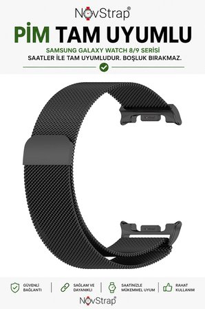 NovStrap Samsung Galaxy Watch 9 40mm 44mm ile Uyumlu Kordon Mıknatıslı Metal Çelik Hasır Kayış