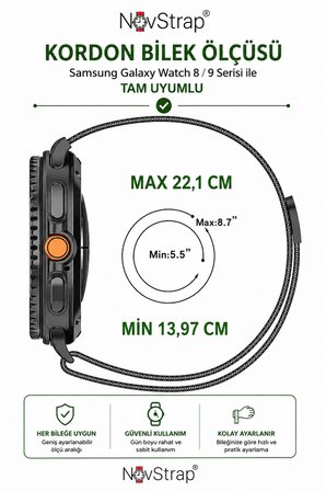 NovStrap Samsung Galaxy Watch 9 40mm 44mm ile Uyumlu Kordon Mıknatıslı Metal Çelik Hasır Kayış
